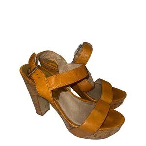 Michael Kors Womens Sandals Sz 8M Goldenrod Leather Strappy Cork Heel *Tiny Flaw